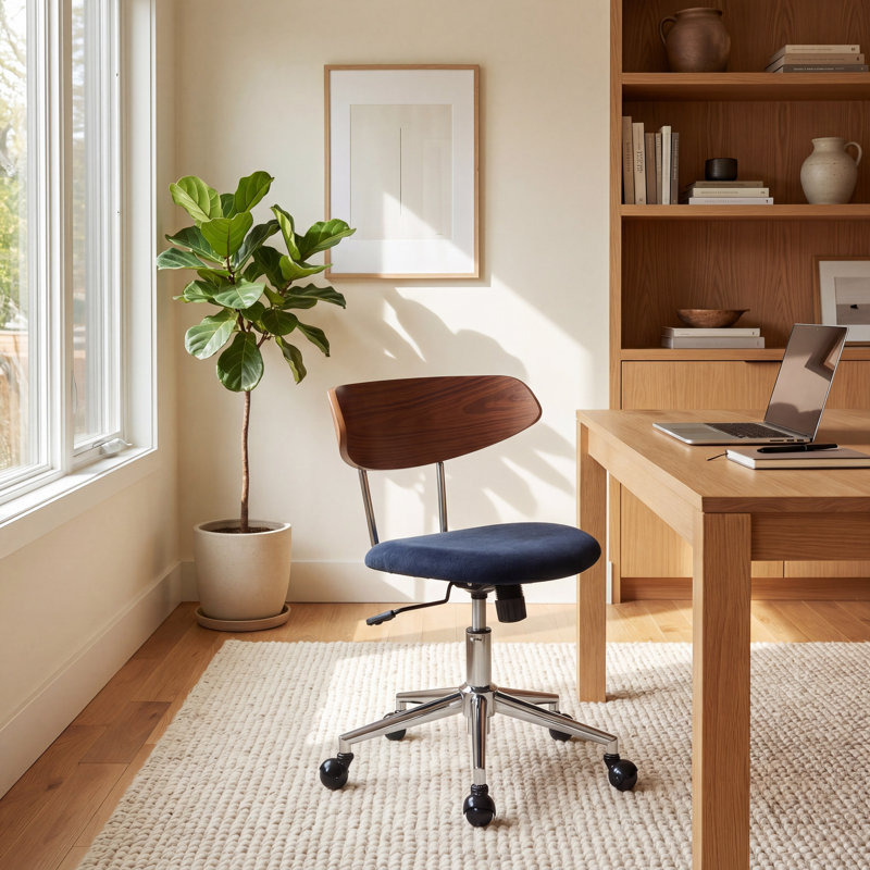 Mid Century Modern Desk Chair With Wood Back, Adjustable Height Swivel Office Chair, Ergonomic Blue Fabric Upholstered Task Chair With Wheels, Retro Style For Study & Computer Room