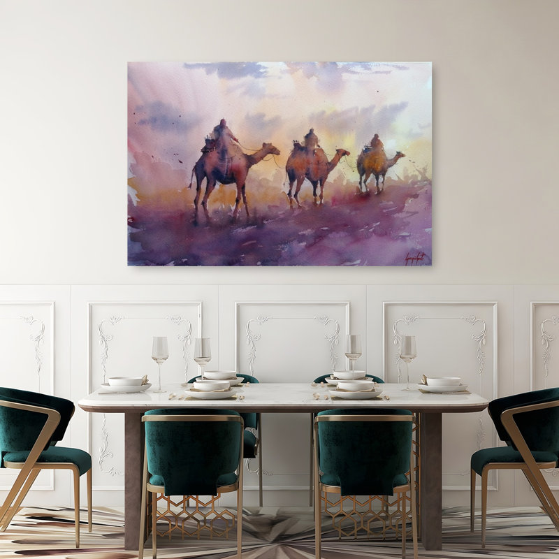 Camel caravane, coucher de soleil paisible, paysage abstrait abstrait, art mural, 40" H x 60" W