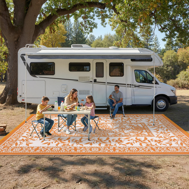 Reversible Outdoor Rug 8x10ft, Orange/White - Waterproof UV Resistant Plastic Straw Mat, Easy Clean, Portable Patio Carpet for Garden, Backyard, Camping, Beach - USA