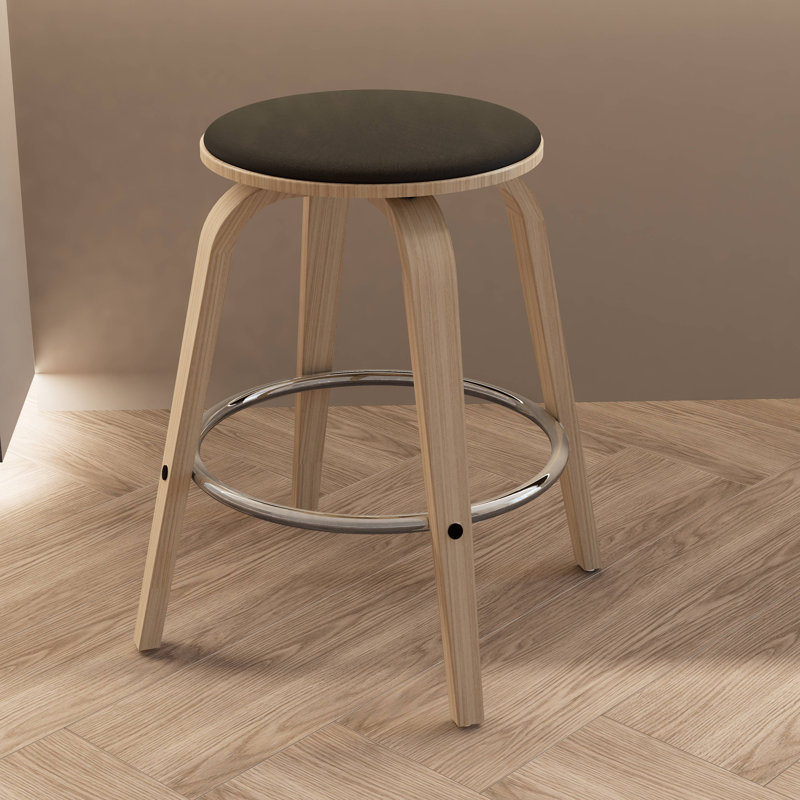 Hoxha Leather Round Counter Stool With Stained Poplar Wood Frame And 360-Degree Swivel Hoxha Collection, Black/Washed Walnut
