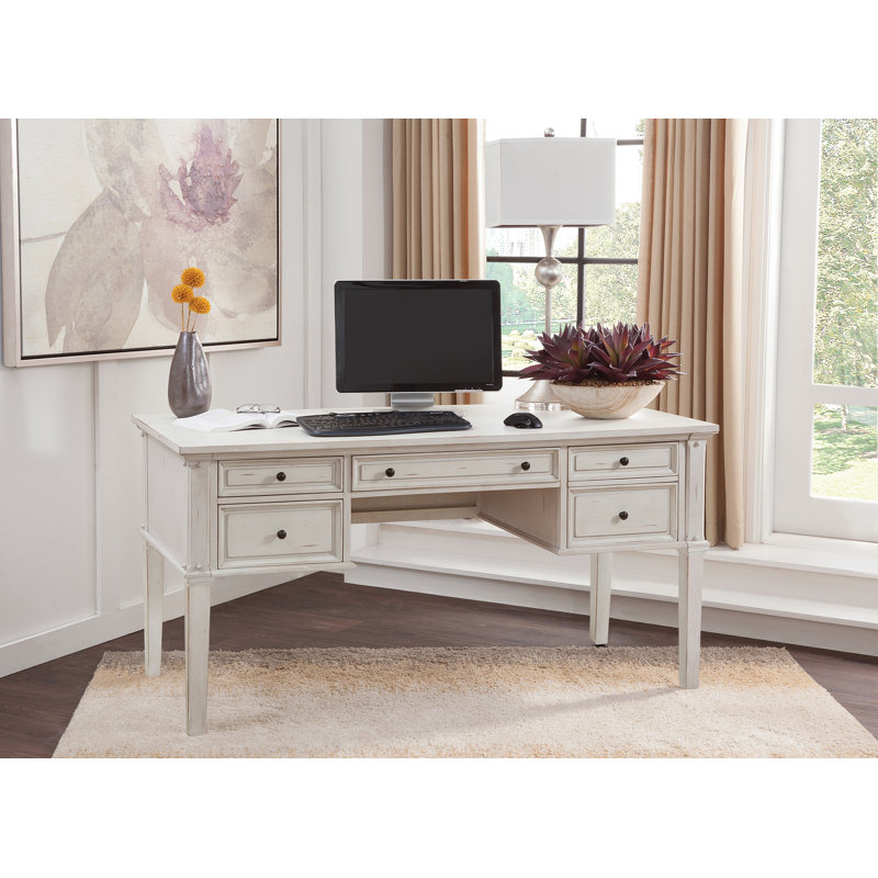 Ilfracombe Solid Wood Writing Desk with Power Outlet, Antique Cobblestone White