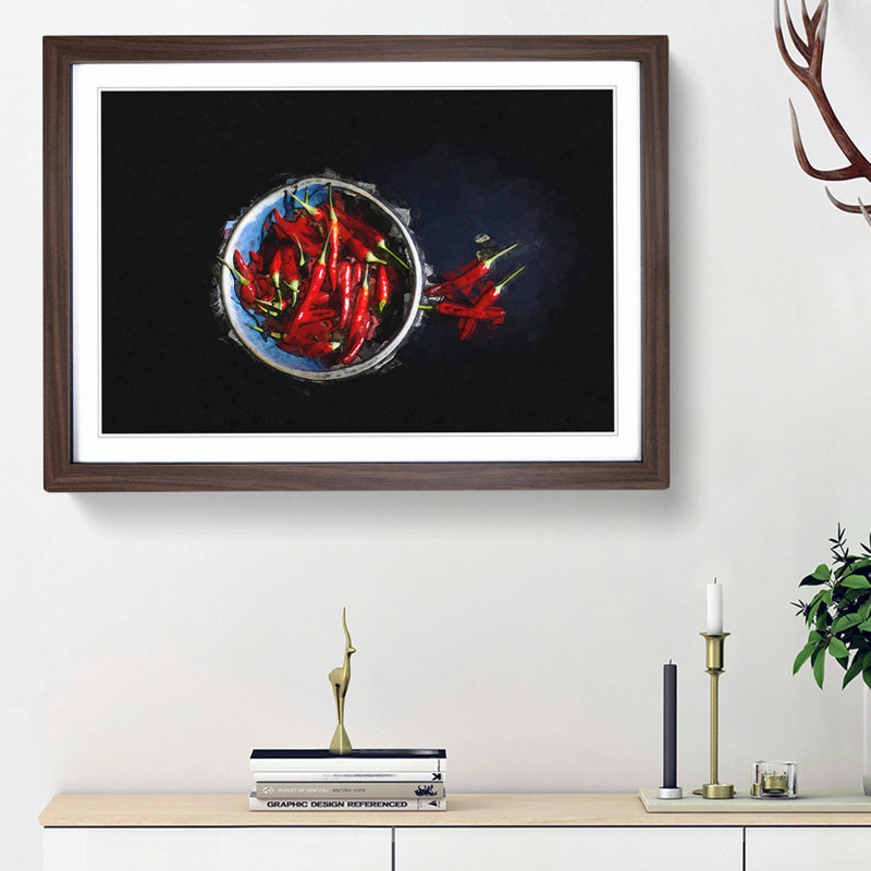 Red Chilli's in a Bowl in Abstract - Picture Frame Graphic Art Print, 27cm H x 36cm W x 2cm D, Walnut Framed