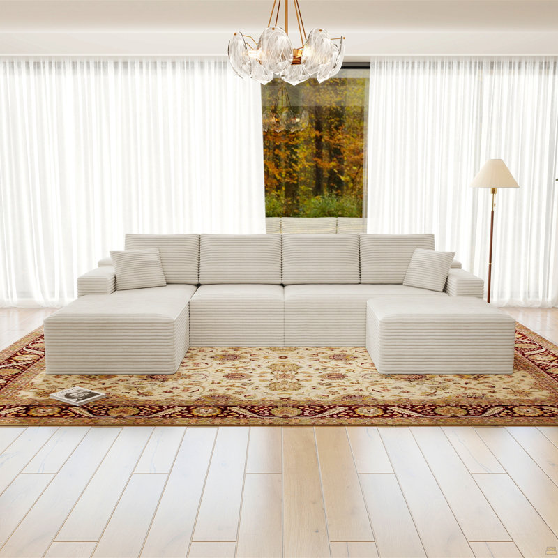 Modular Sectional Sofa Seat,Upholstered Compressed Couch,No Assembly Required,4 Pc Free Combination, White Corduroy