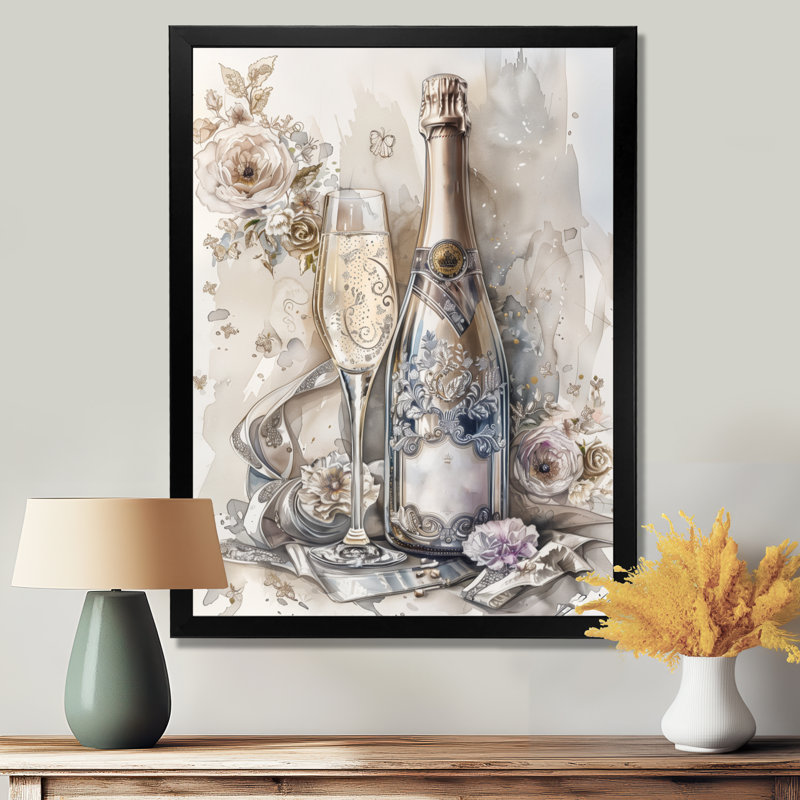 Elegant Sparkling Wedding Champagne I - Champagne, art mural, H 20 po x l 12 po, Cadre simple noir