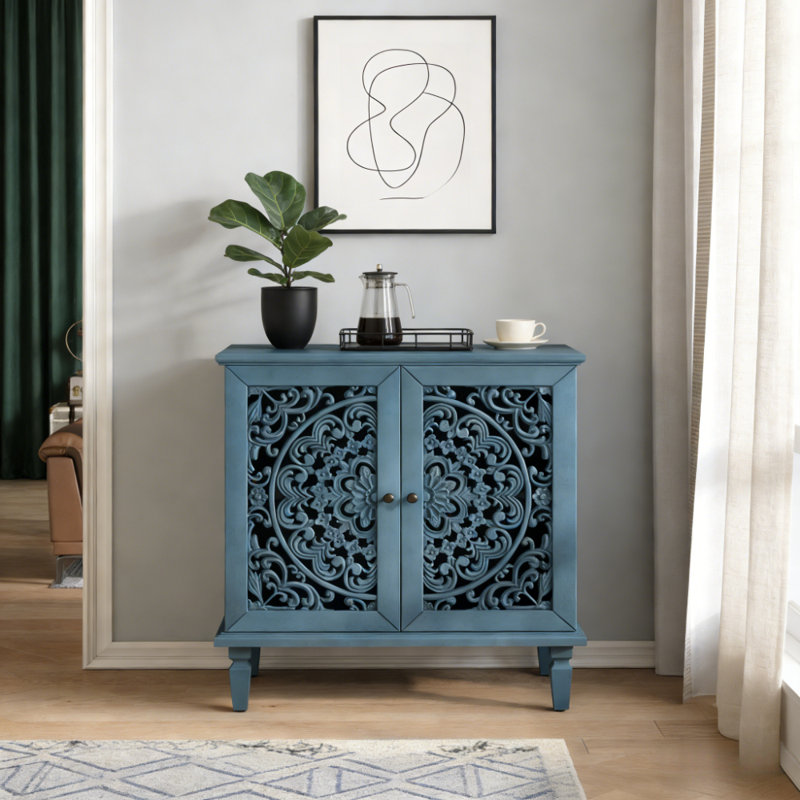 Vintage Hollow-Carved Accent Cabinet, Antique Blue