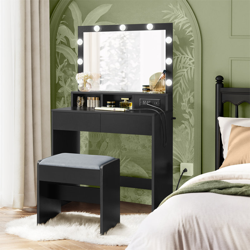 Coiffeuse de maquillage avec miroir et lumières, tabouret de coiffeuse rembourré, 9 lumières DEL à intensité variable