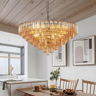37.85 Inch 12 - Light Tiered Amber Glass Chandelier, Contemporary Glam Fixture