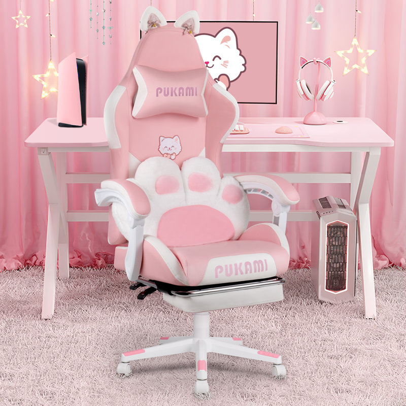 Ivy Bronx Gaming Chair With Cat Ears And Cat Paw Cushion Pillow,cute Computer Chair For Girl With Footrest, Pink