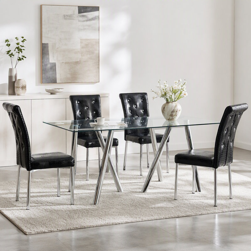 Table de salle à manger en verre trempé de 71 pouces avec pieds robustes en métal, Argent