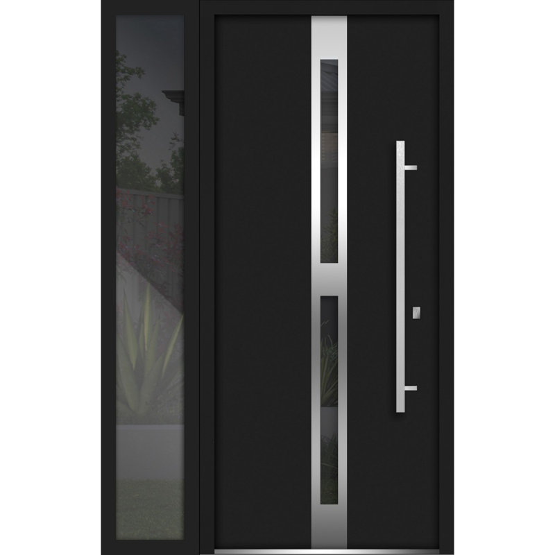 Porte avant en acier pré-suspendue à l'avant / deux portes en émail noir 1755 / fenêtre extérieure latérale / inserts en acier inoxydable simple peint moderne - l 36 po x H 80 po - Gauche