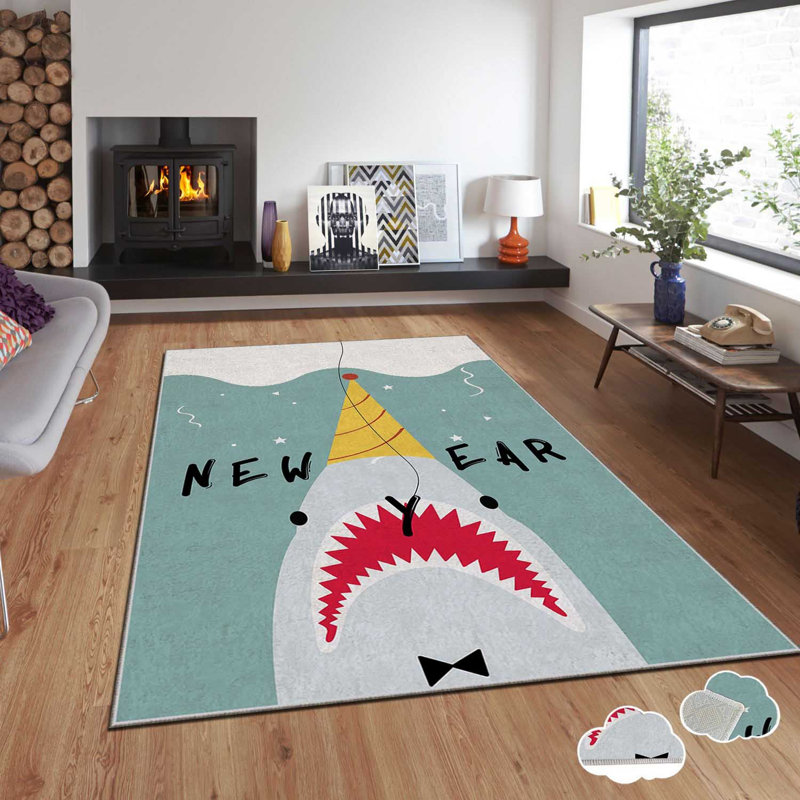 Tapis rectangulaire tissé à la machine en polyester bleu / gris Bucher, Rectangle 5 pi 3 po x 7 pi 7 po