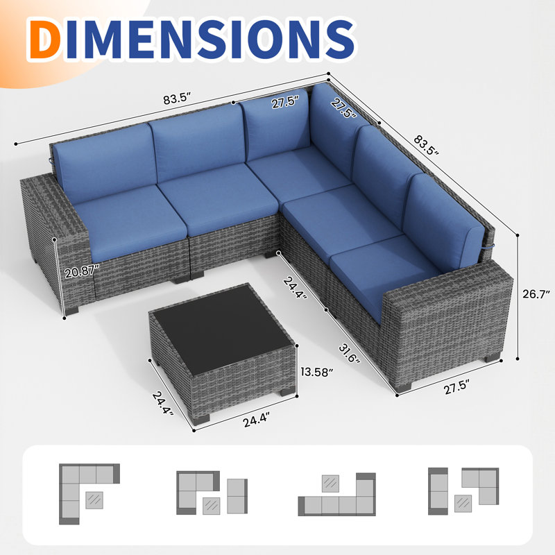 Ensemble de conversation modulaire en rotin 6 pièces avec coussins, Coussin bleu marine / structure grise
