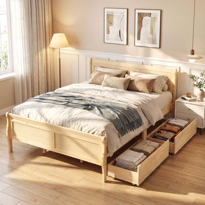 Structure de lit grand avec tiroirs de rangement, lit plateforme en bois avec tête de lit
