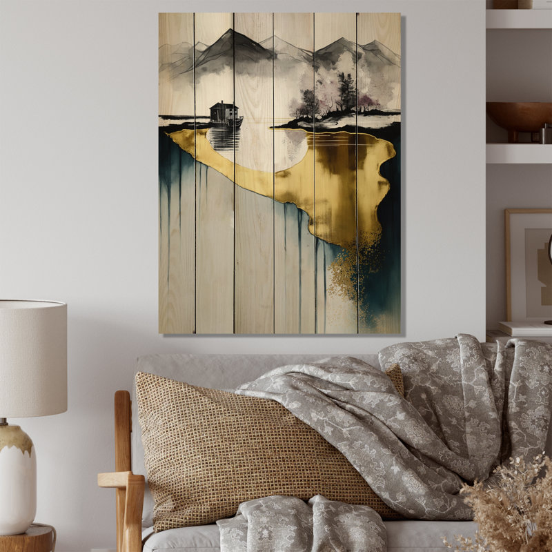 Elois doré et bleu Lakehouse II sur bois, H 32 po x l 24 po x P 0,78 po