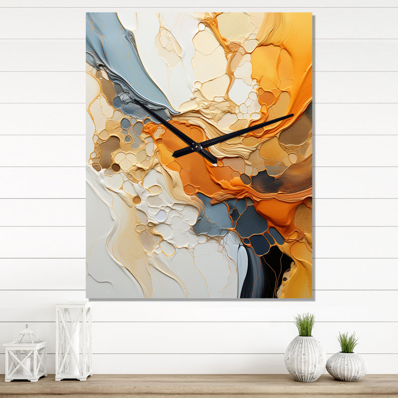 Orange orange, dessin au trait abstrait - horloge murale abstraite, Médium
