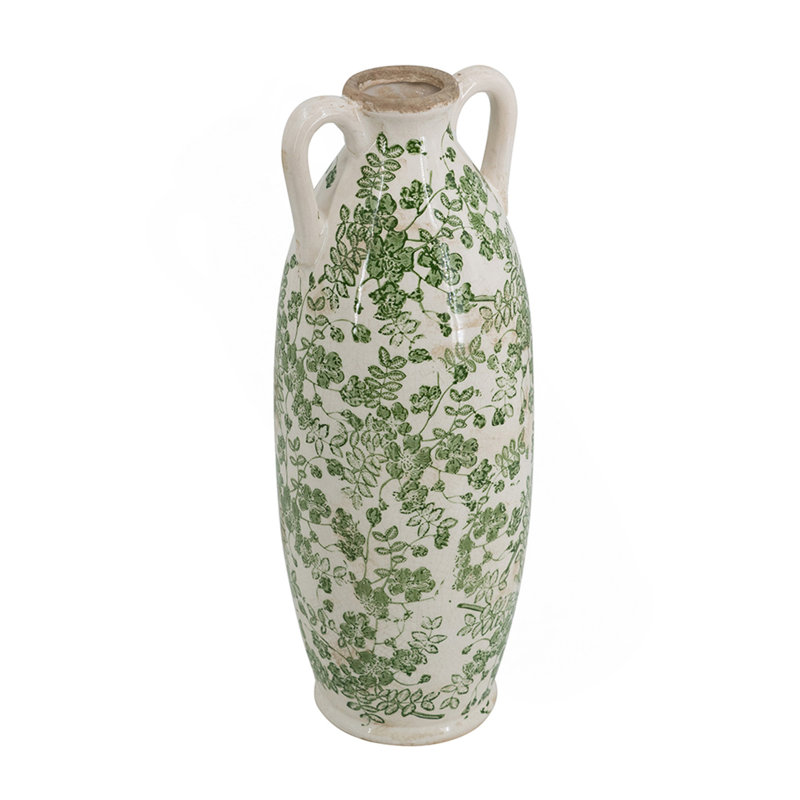 Vase en céramique 5,9 x 5,9 x 15,6 po avec motif floral vert et petites poignées