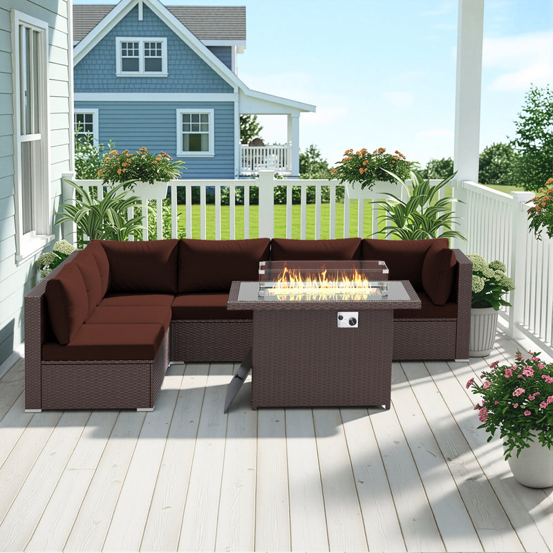 7-Piece Outdoor Furniture Set with Fire Pit Patio Wicker Conversation Set Cushions, Espresso, Ruby Red