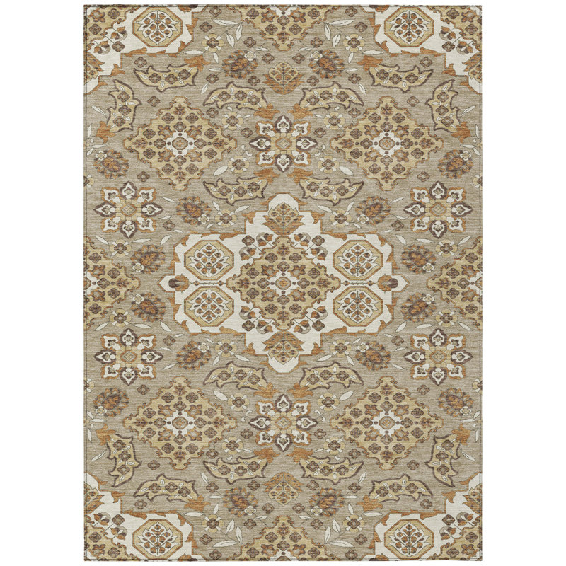 3' X 5' Taupe Copper And Beige Medallion Washable Indoor Outdoor Area Rug