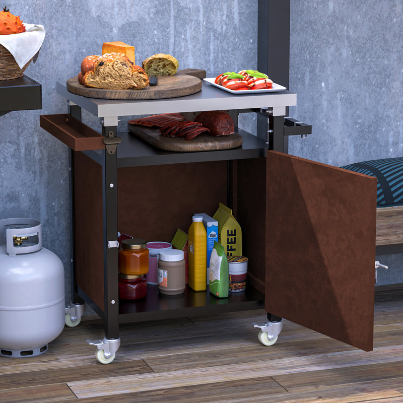 Chariot de barbecue extérieur avec espace de rangement - Roulettes de service mobiles et support pour barbecue, table en acier inoxydable pivotante à 360°