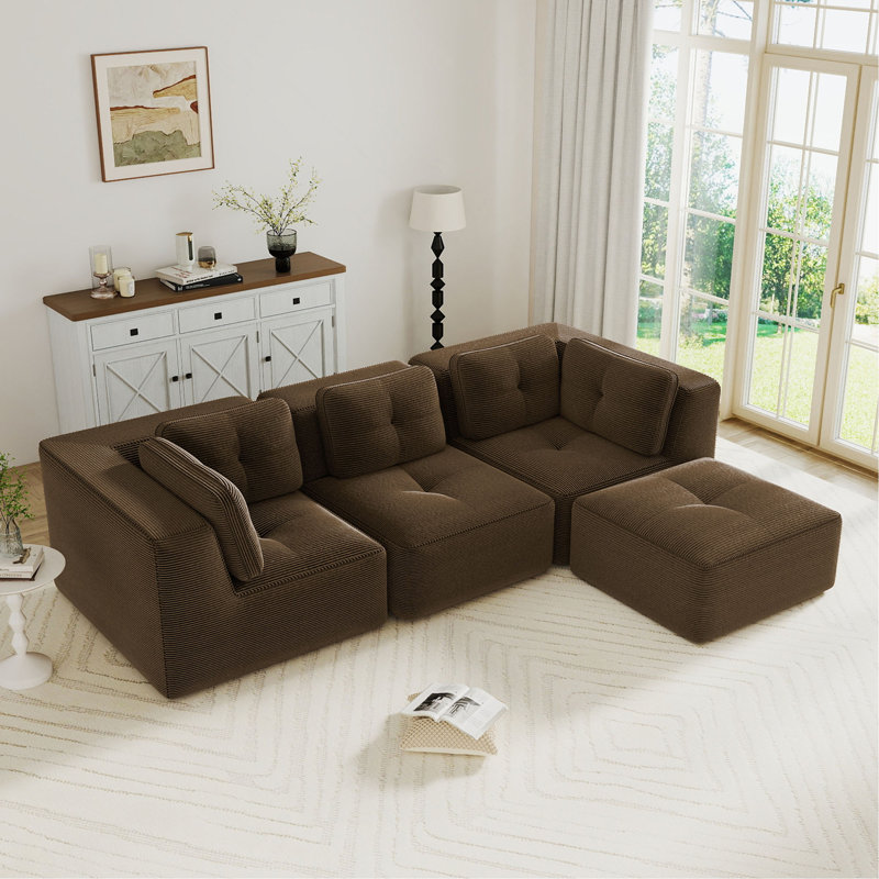 Canapé modulaire moderne pour le salon, tissu en velours côtelé, canapé 3 places avec assise profonde et repose-pieds mobile, passepoil perlé, conception capitonnée, sans assemblage, conception antidérapante