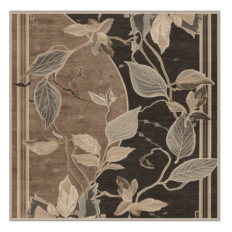 Machine Washable Orlandra Laurel Classic Oriental Rug in Gray  Binding, 6' Square