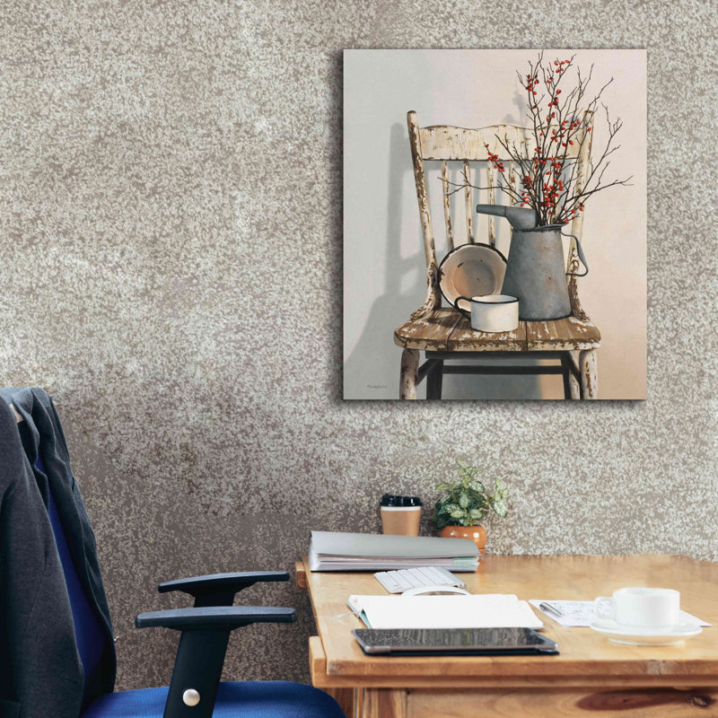 «Jorgan Watering Can On Chair on Canvas» par Cecile Baird, reproduction, H 30 po x l 26 po x P 1,5 po