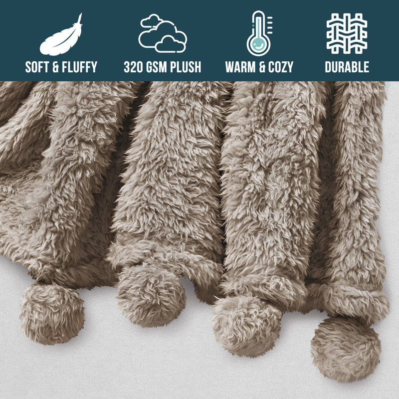 Twin Tan Taupe Sherpa Fleece Throw Blanket with Pom-Pom Fringe