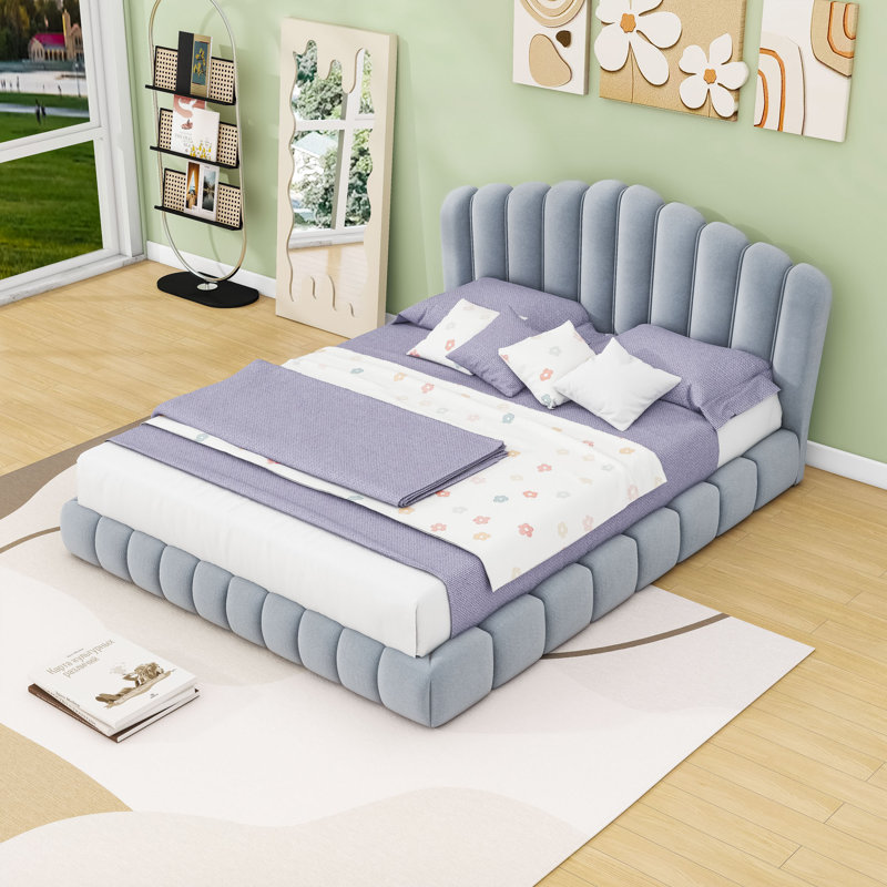 Queen Upholstered Bed Frame with Headboard, Light Blue