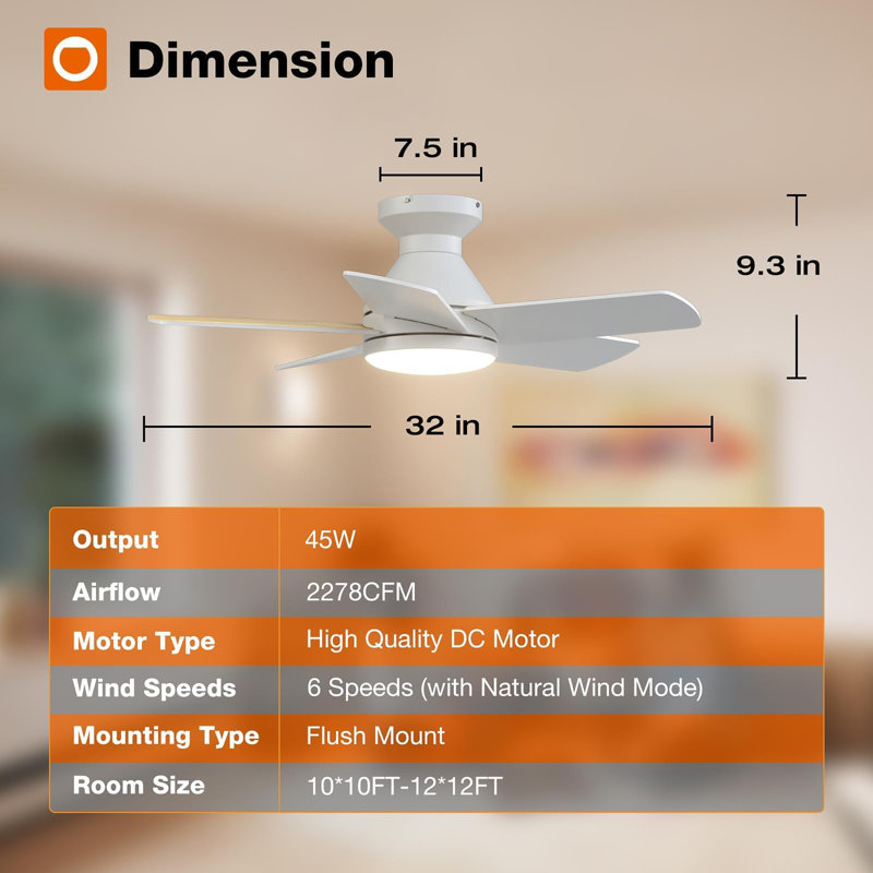 32 inch Low Profile Ceiling Fan with Light and Remote Control, White