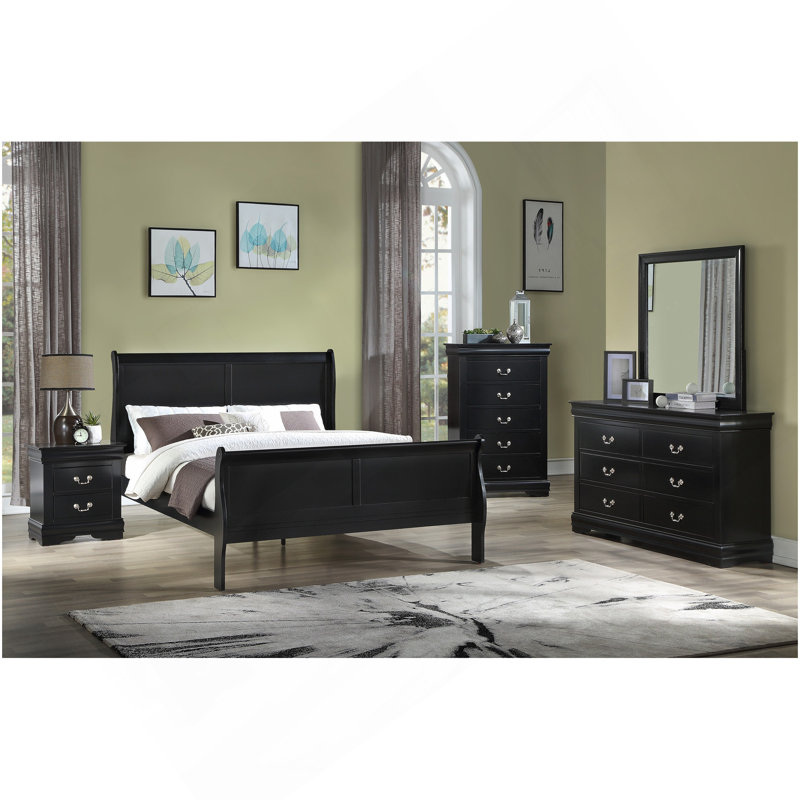 Mobilier de chambre à coucher en bois massif Louis Louis, Grand lit, Noir