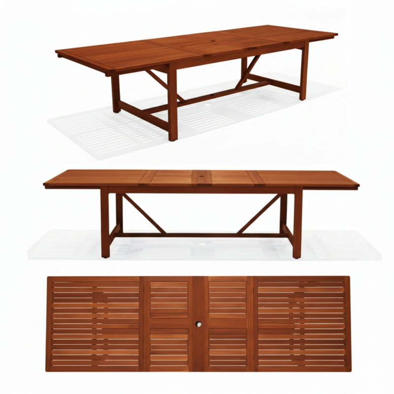 Whately 13-Piece Outdoor Rectangular Extendable Dining Table And Chairs Set | Eucalyptus Wood | Ideal For Patio, Brown Table & Black Chairs
