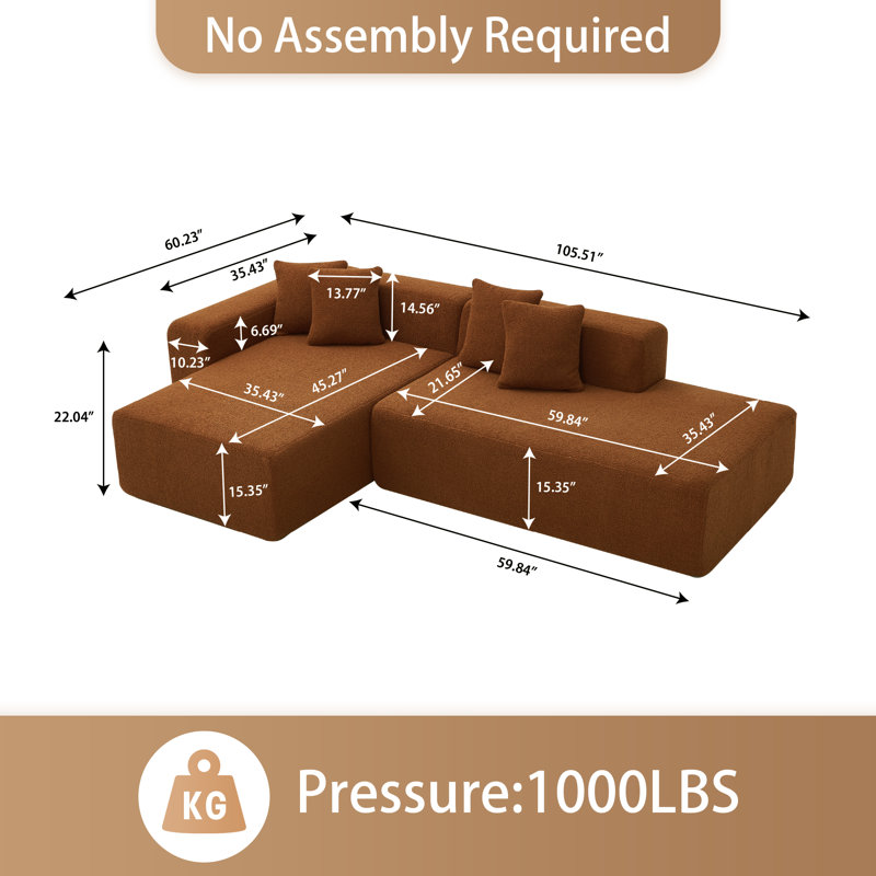 Boneless 106''W Sherpa 5-Seater L-Shape Sectional Sofa Modular Corner Couch With Chaise Lounge & 4 Pillows, Left Hand Facing