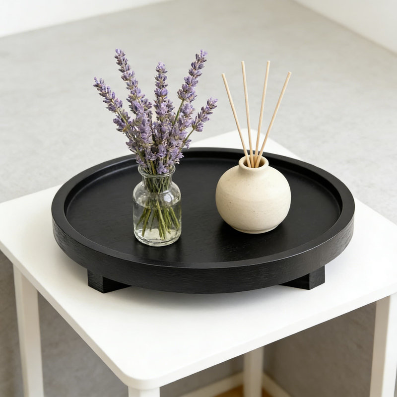 Round Wooden Tray For Home Decor, Handmade Kitchen Counter And Bathroom Vanity Tray With Waterproof Finish, Modern Farmhouse Candle And Display Stand