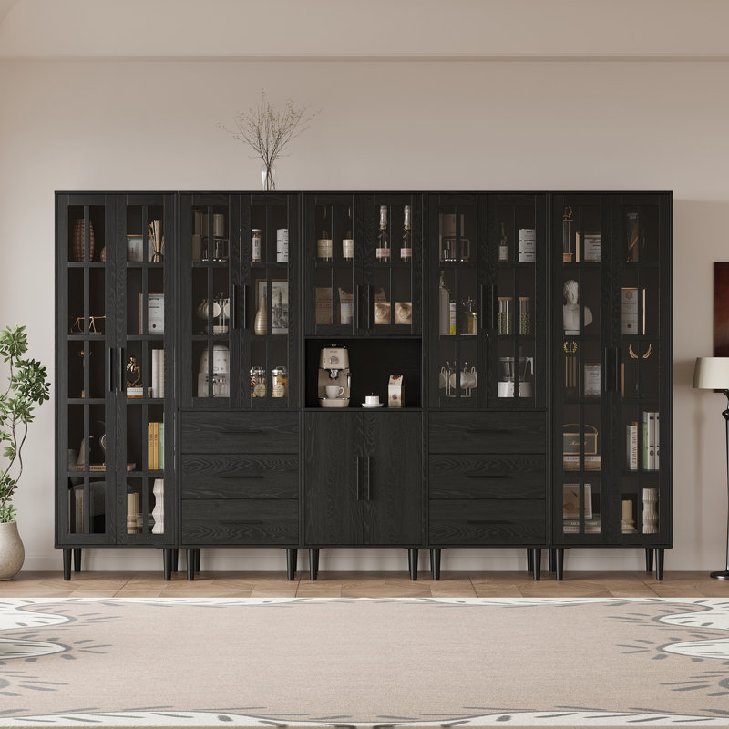 Ensemble de bibliothèque, bibliothèque avec porte en verre et grands tiroirs H 70,9 po x l 118 po, Noir