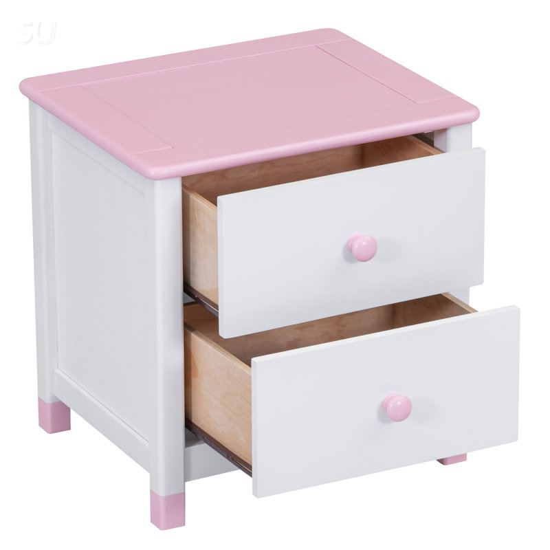 Table de chevet en bois avec deux tiroirs pour enfants, peu encombrante et polyvalente, Rose