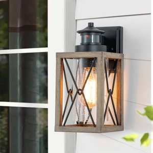 Nisswa Motion Sensor & Dusk to Dawn 11.75"H Black+Faux Wood Outdoor Wall Lantern (broken glass inside box)