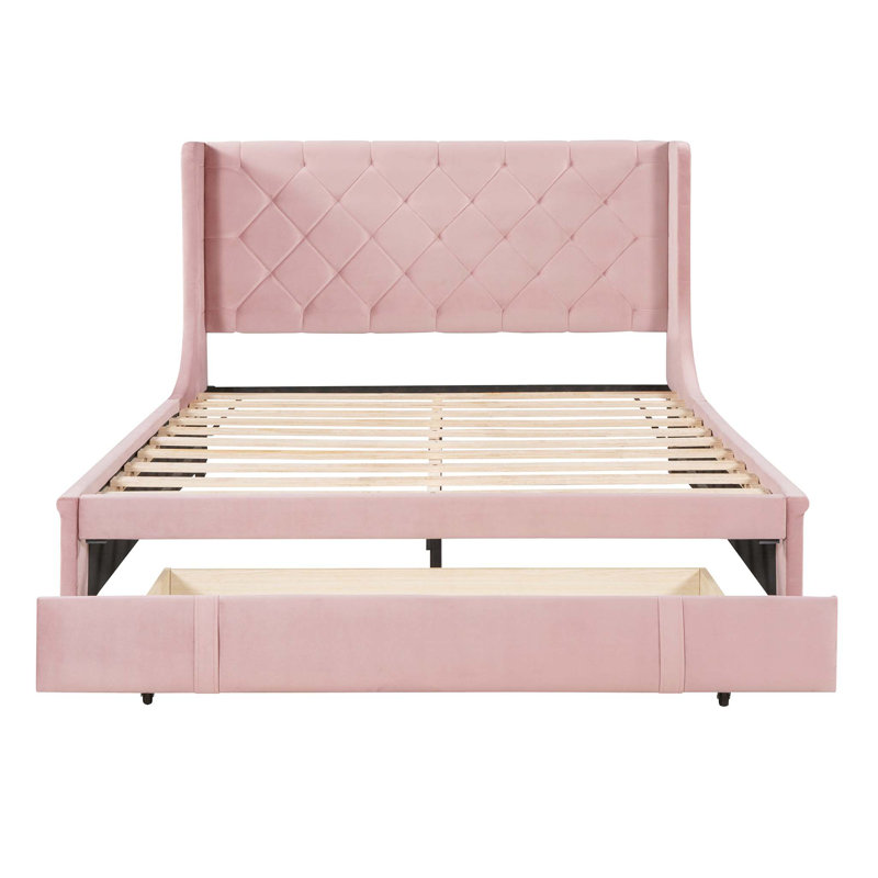 Queen Size Velvet Upholstered Storage Bed with Wingback Headboard and Large Drawer, Combining Style and Functionality for Modern Bedrooms.