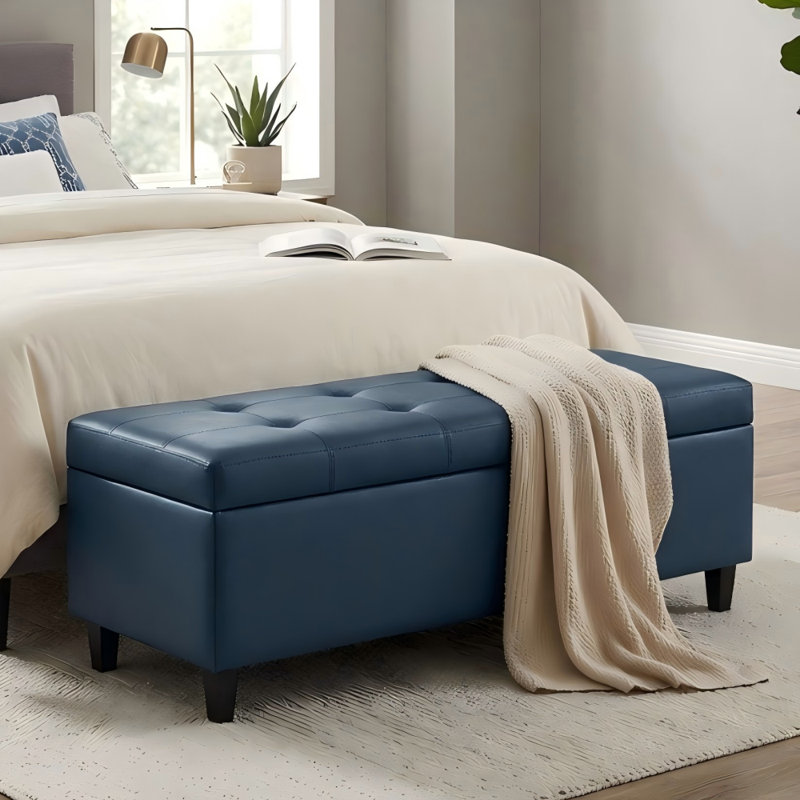 Banc de rangement rembourré en similicuir l 50,5 po, Bleu