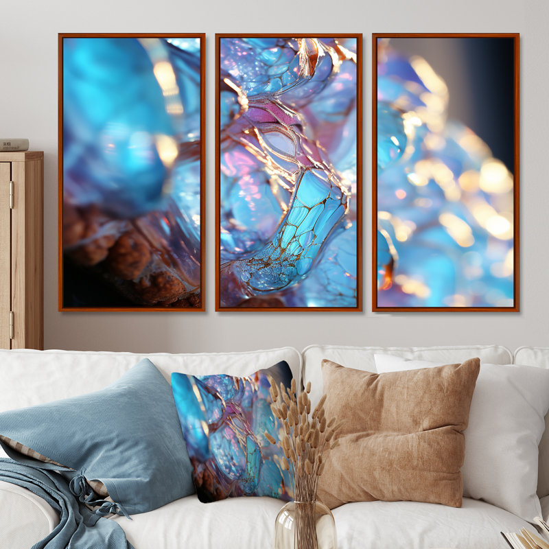«Turquoise Crystal Structure», ensemble d'art mural abstrait, H 40 po x l 60 po x P 1 po, Cadre flottant brun