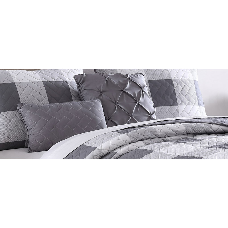Buffalo Plaid Polyester Jersey Knit Plaid Quilt, Twin Quilt + 1 Sham + 2 Throw Pillows, Gray/White