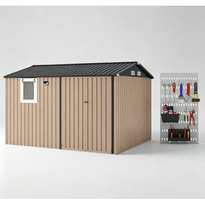 10x8 ft Heavy Duty Metal Storage Shed, Outdoor Utility Building with Solar Light, Window, Pegboard & Lockable Double Doors for Backyard, Garden