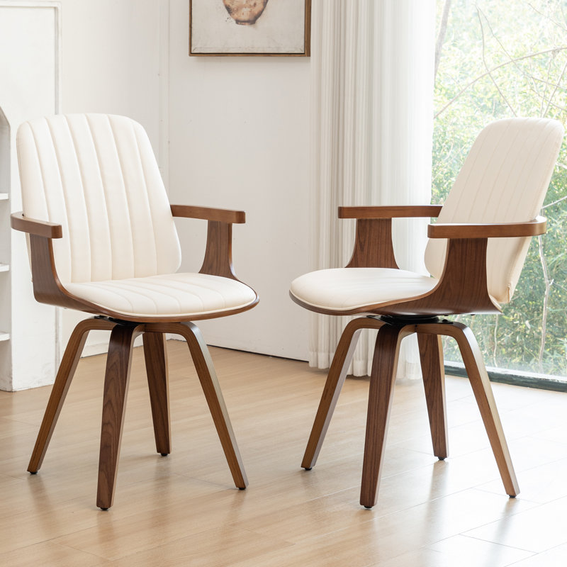 Modern Upholstered Leather Swivel Dining Chairs, Beige