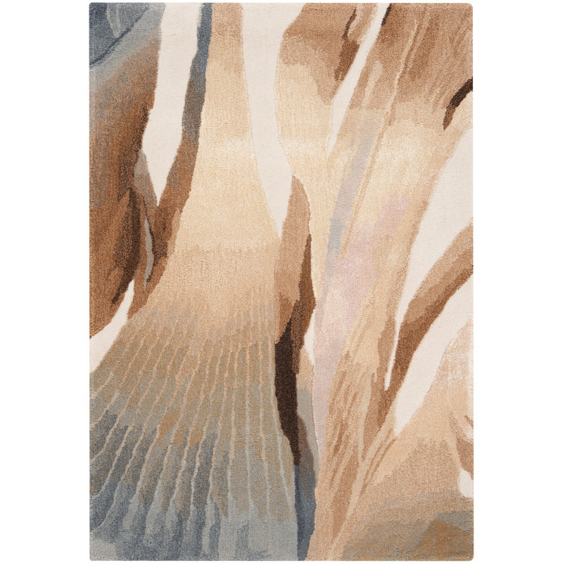 Abstract Hand Tufted Rectangle Viscose Area Rug in Beige, Rectangle 2' x 3'