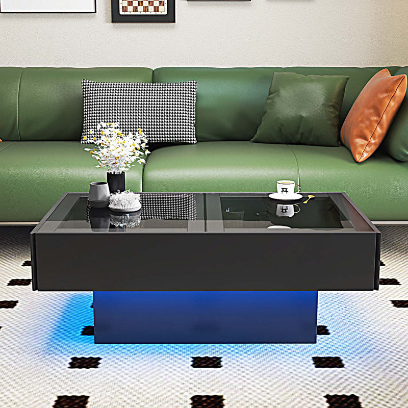Table basse avec plateau coulissant, table centrale avec compartiment de rangement caché, table extensible pour le salon