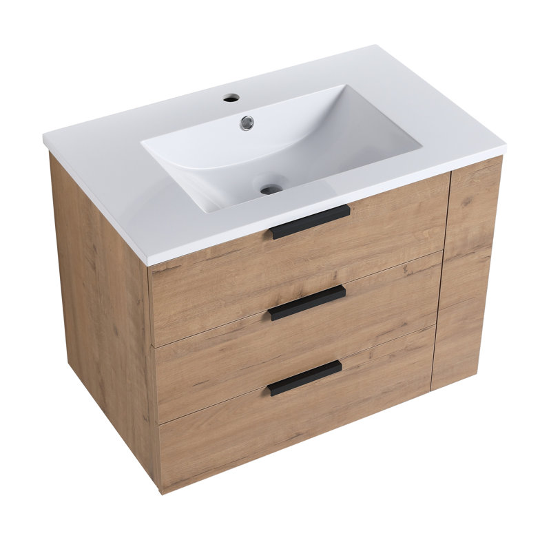 Meuble-lavabo mural 30 po avec lavabo à tiroir à fermeture en douceur et coffre latéral. Et plateforme. Imitation de chêne, contreplaqué durable et fiable