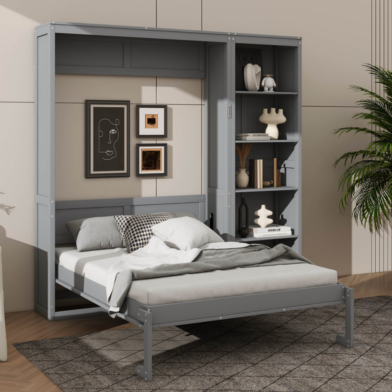 Grand lit caché pour économiser de l'espace avec fonction de rangement, Gris