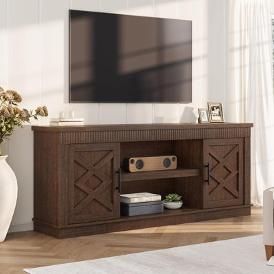 Meuble télé Farmhouse pour téléviseur de 70/75 po, Meuble audio-vidéo de 65 po de long avec 2 portes et tablette de rangement ouverte, console de télévision cannelée rustique pour salon, chambre à coucher