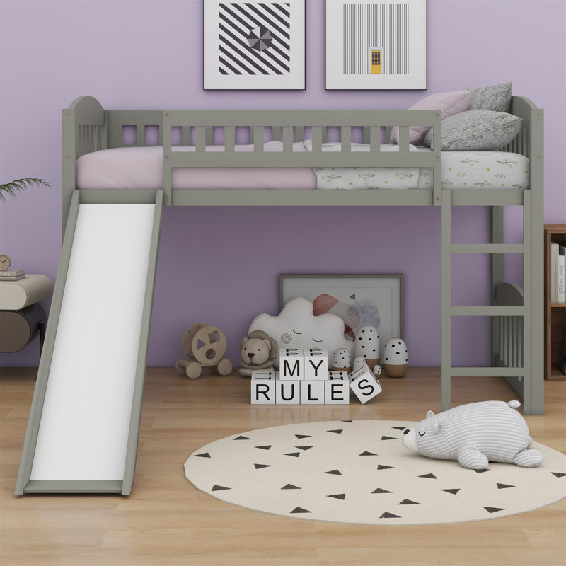 Loft Bed With Slide And Ladder, Gray