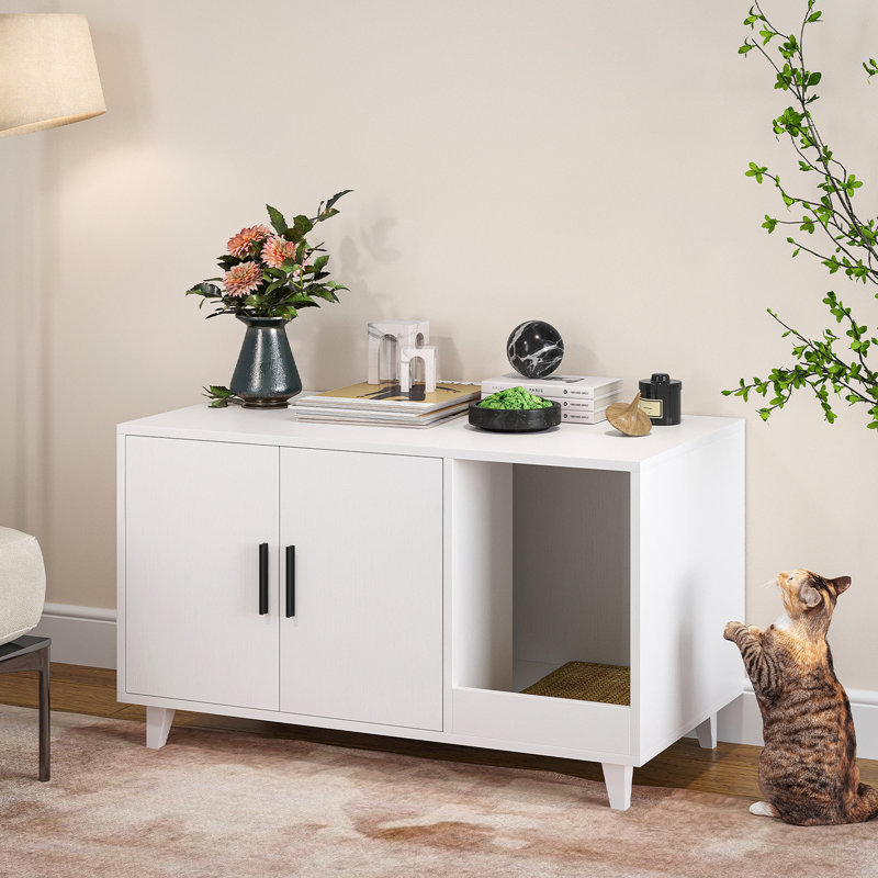 Litière cachée multifonctionnelle pour chat, fabrication de panneau de particules blanc, L 33,5 po x P 18,5 po, compartiment intérieur pour les boîtes, boîte Scratch, robuste et à assemblage rapide avec bloc-notes, principale