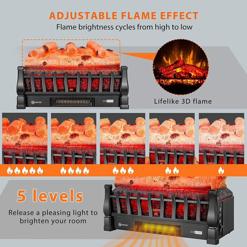 Electric Fireplace Log Set Heater with Glowing Ember Bed and Remote Controller, Black